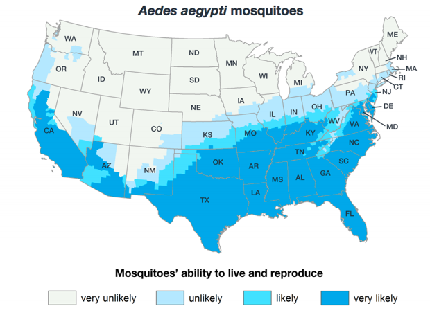 A map of the Center for Disease Control and Prevention's best estimate of the potential range of the Aedes aegypti mosquito, as of 2017. They do not, however, show risk of the spread of diseases.