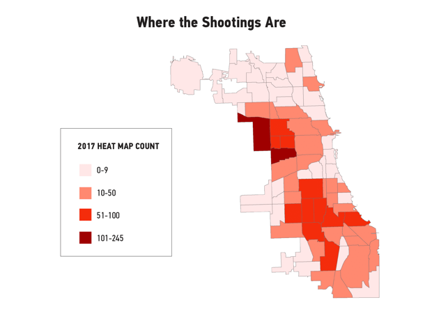 In this heat map of Chicago gun violence, based on data from the first part of 2017, the city's West and South sides dominate.