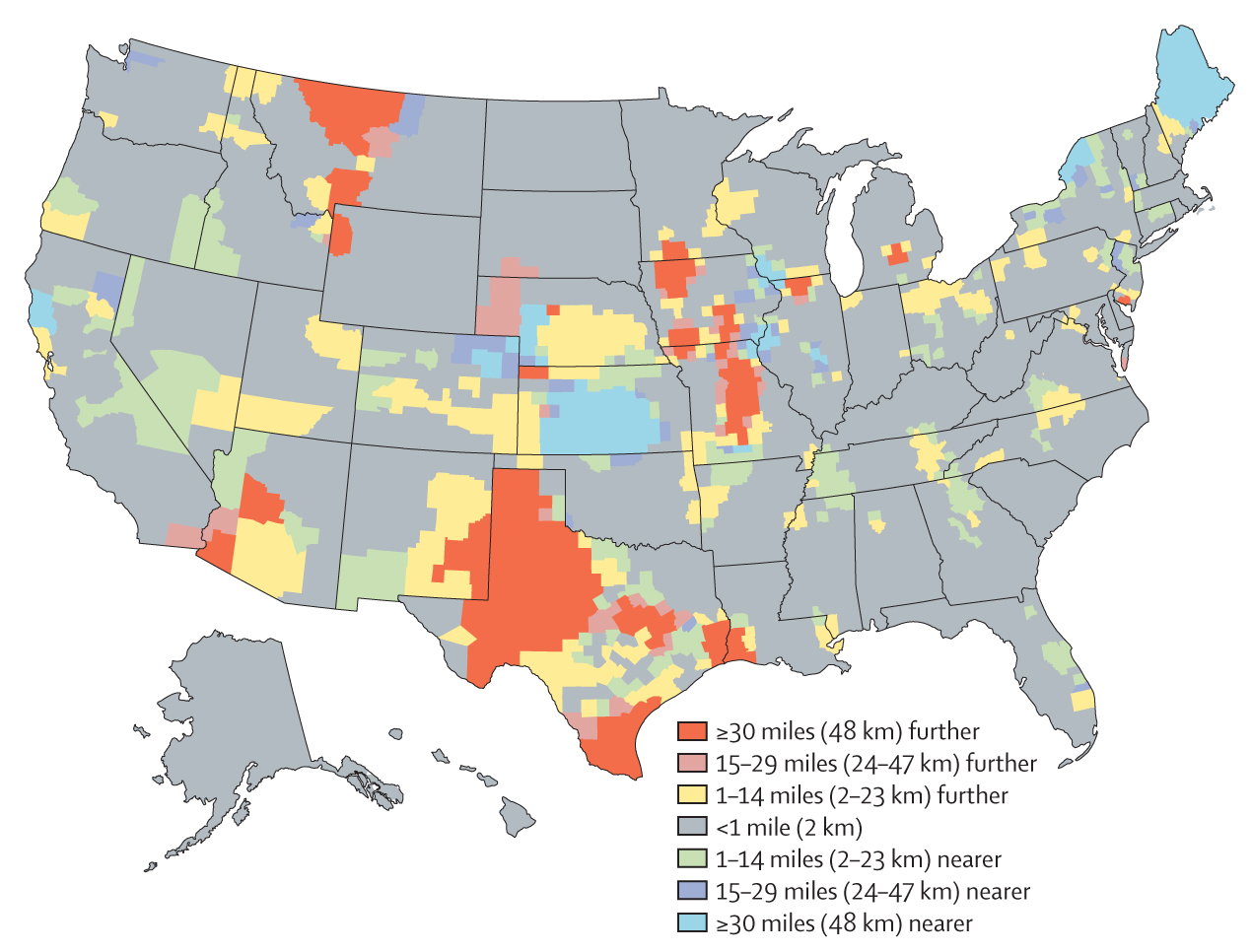 County-by-county map showing changes in the median distance women have to drive to visit a major abortion provider, 2000–14.