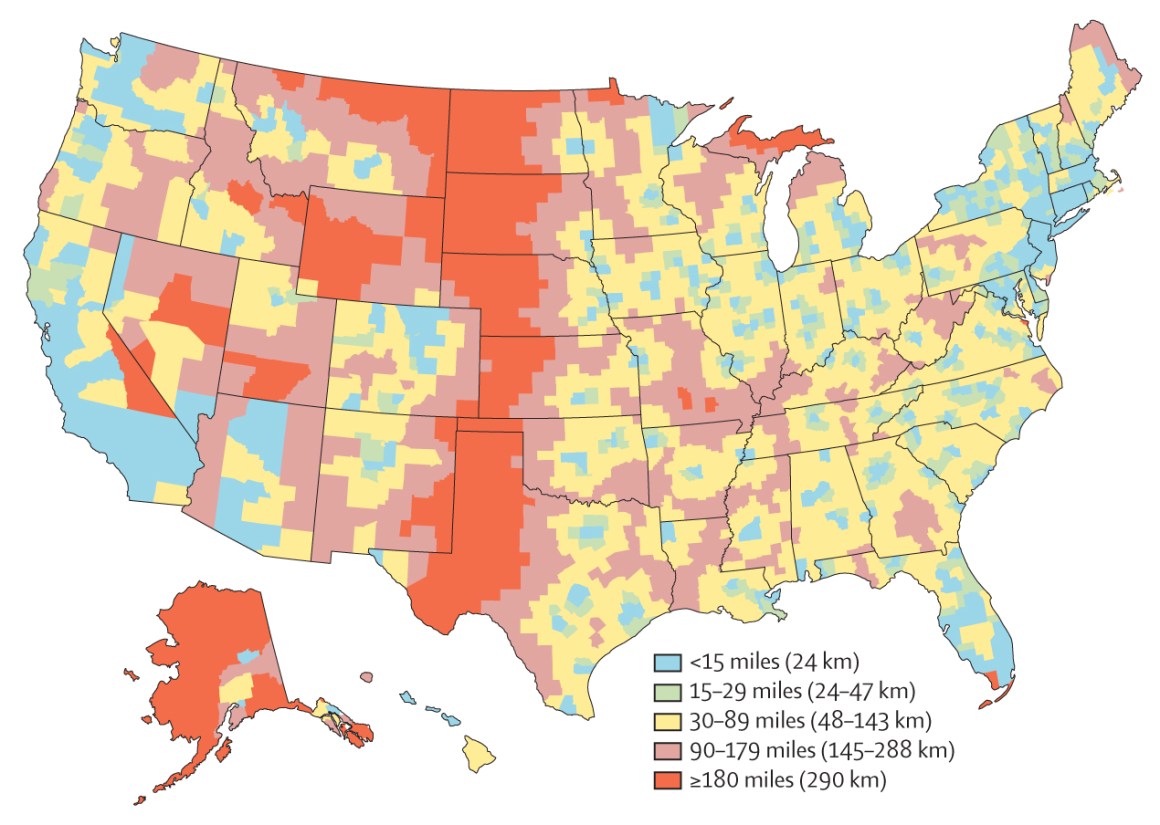 County-by-county map showing the median distance women of reproductive age have to travel to visit a major abortion provider.