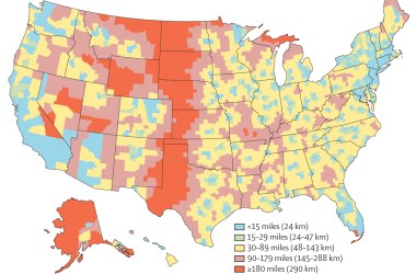 County-by-county map showing the median distance women of reproductive age have to travel to visit a major abortion provider.