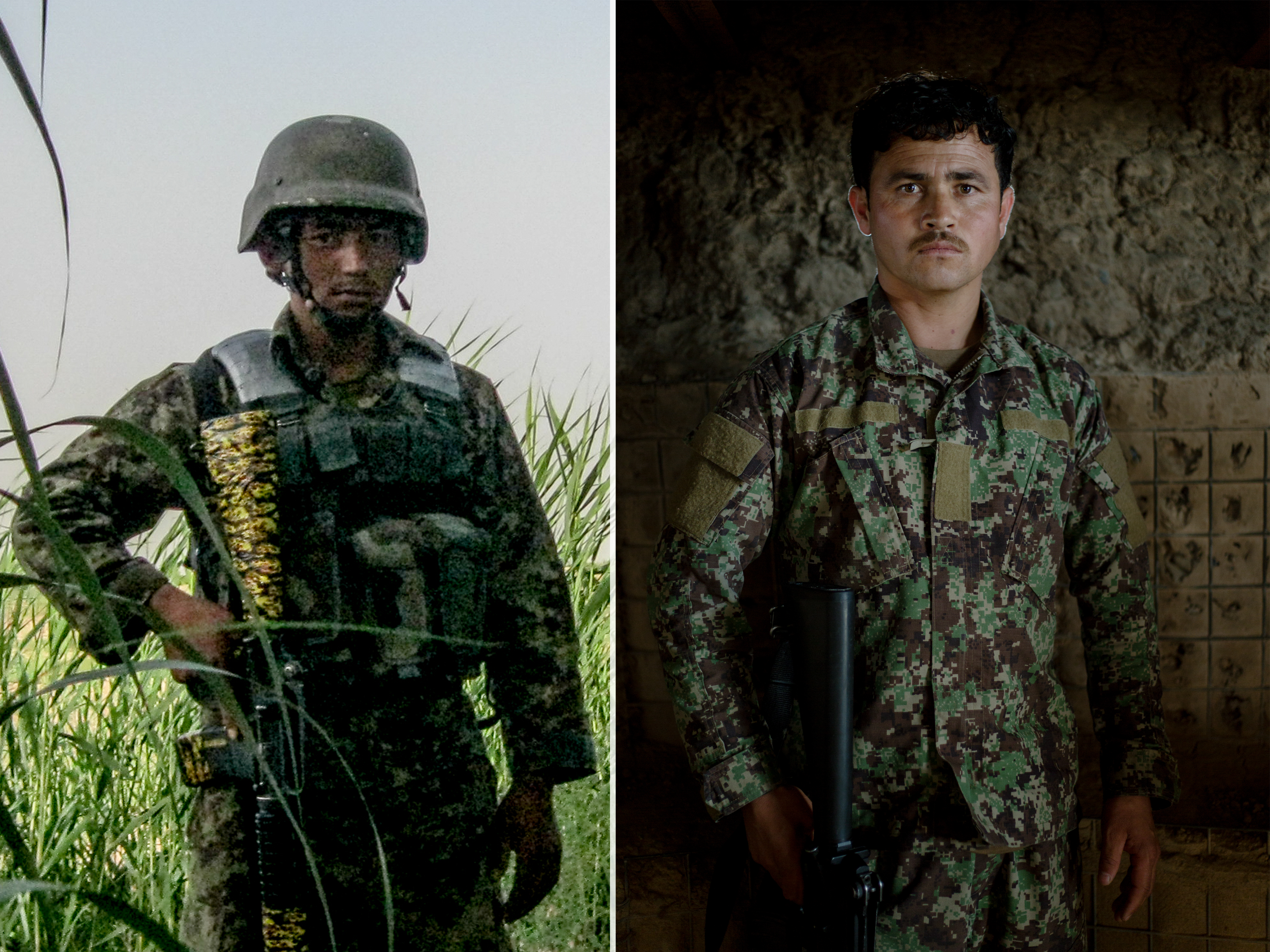 Left: An Afghan National Army soldier on patrol with the author's squad in Marjah during the spring of 2011. Right: An Afghan National Army soldier standing guard duty at his brigade's headquarters in April of 2019.