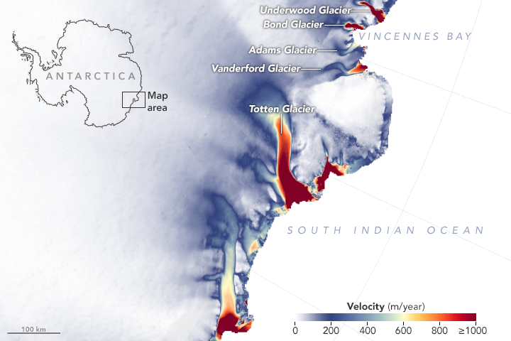 Map showing the velocities of glaciers in East Antarctica