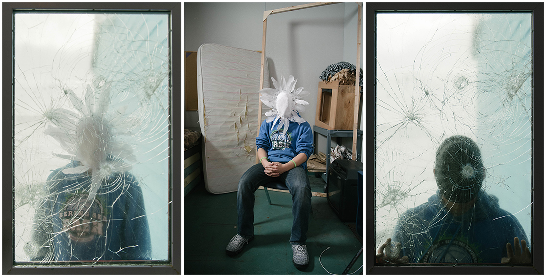 NA wears his pure white mask of hope in the art supply closet at school (center); Also pictured: NA standing outside a shattered school window wearing his hope mask (left) and his featureless grief mask (right). As with many Yup'ik, speaking about emotions is immensely difficult for him.