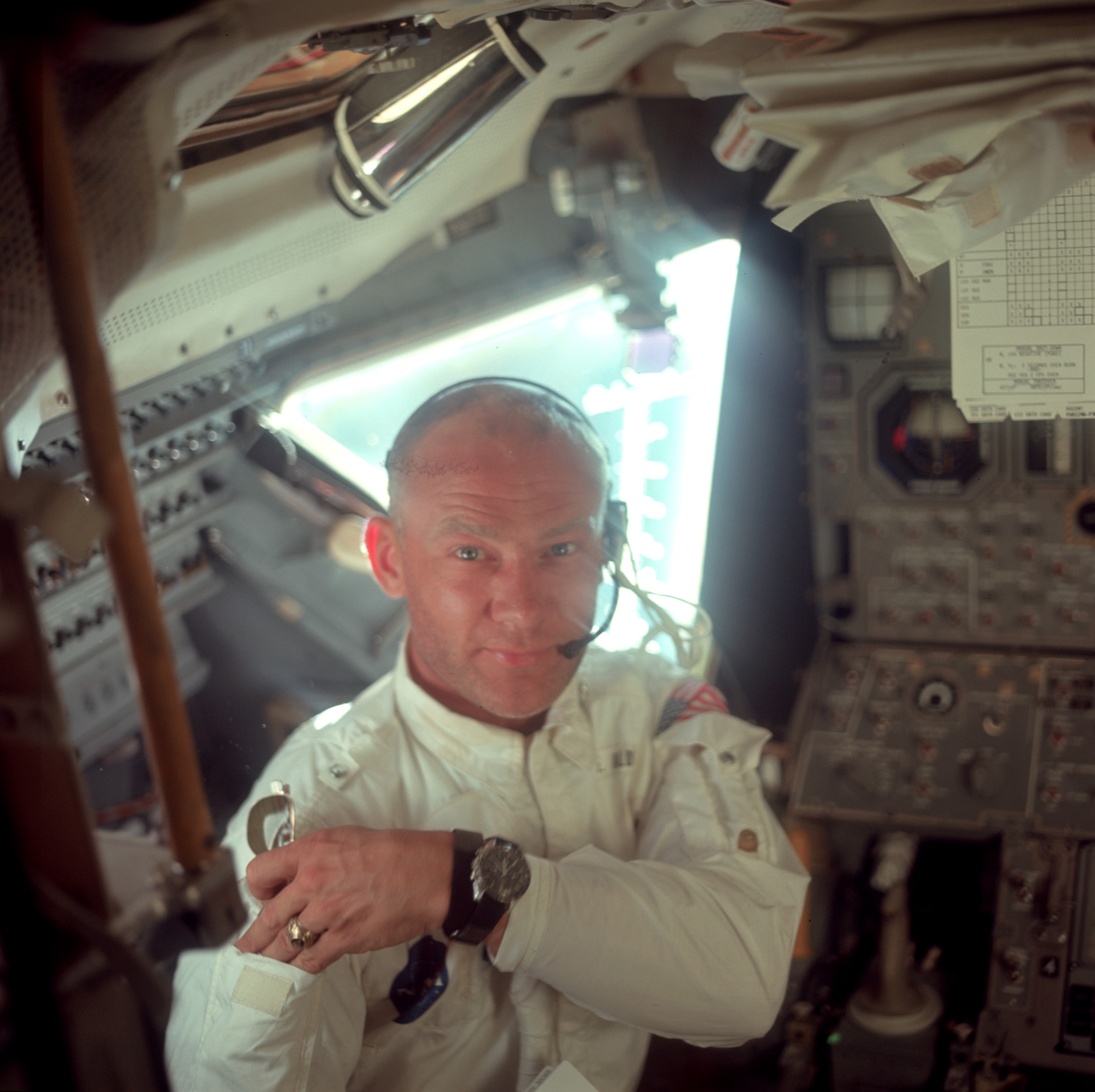 Neil Armstrong took this picture of Buzz Aldrin during their initial inspection of the Lunar Module about 57 minutes after takeoff. Aldrin is wearing his intra-vehicular suit, designed to be flame retardant, and made from the same fabric as the outer layer of the spacesuits.