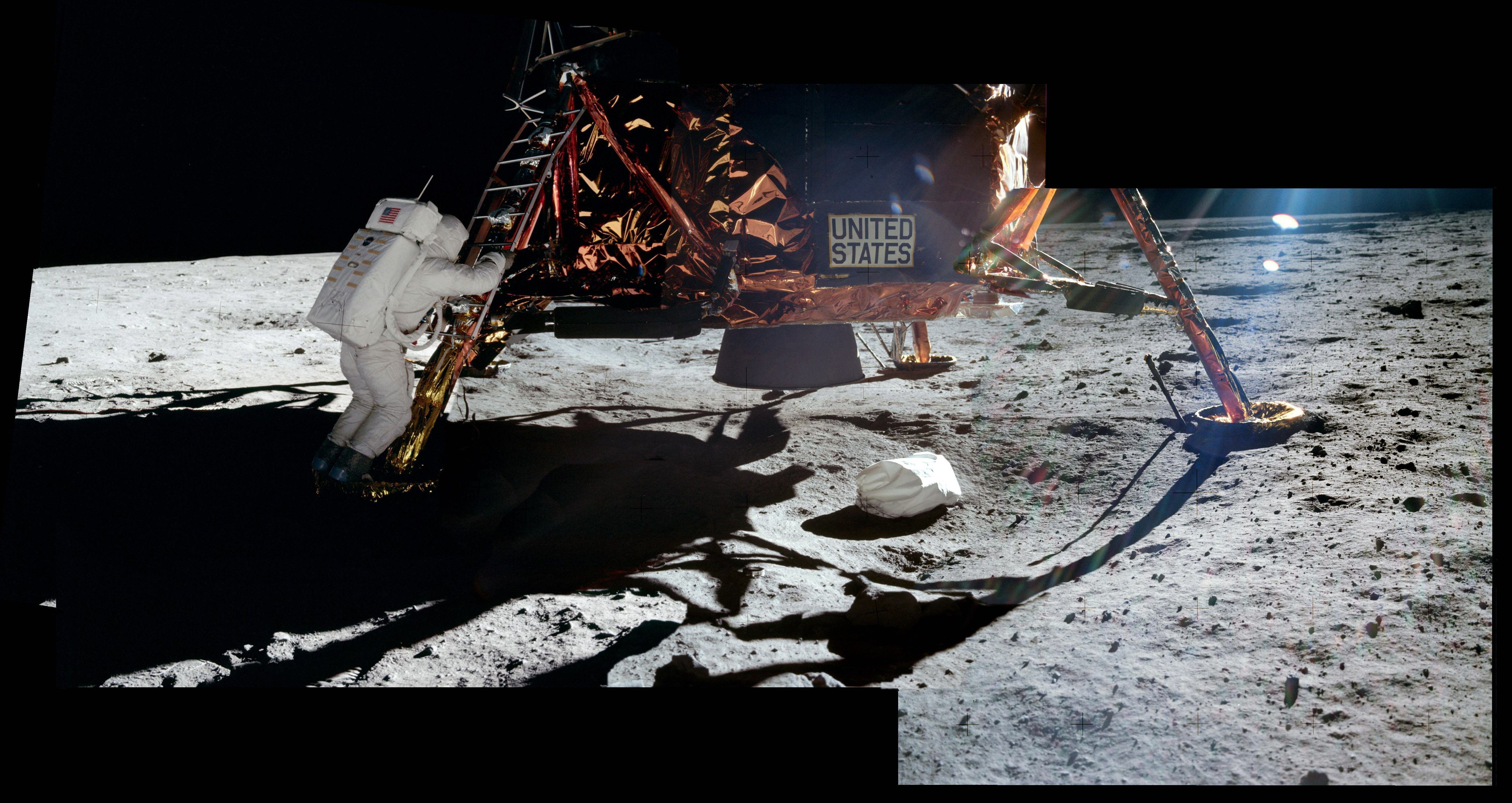 Neil Armstrong, standing on the moon, took these photos of Buzz Aldrin on the footpad of the Lunar Module.