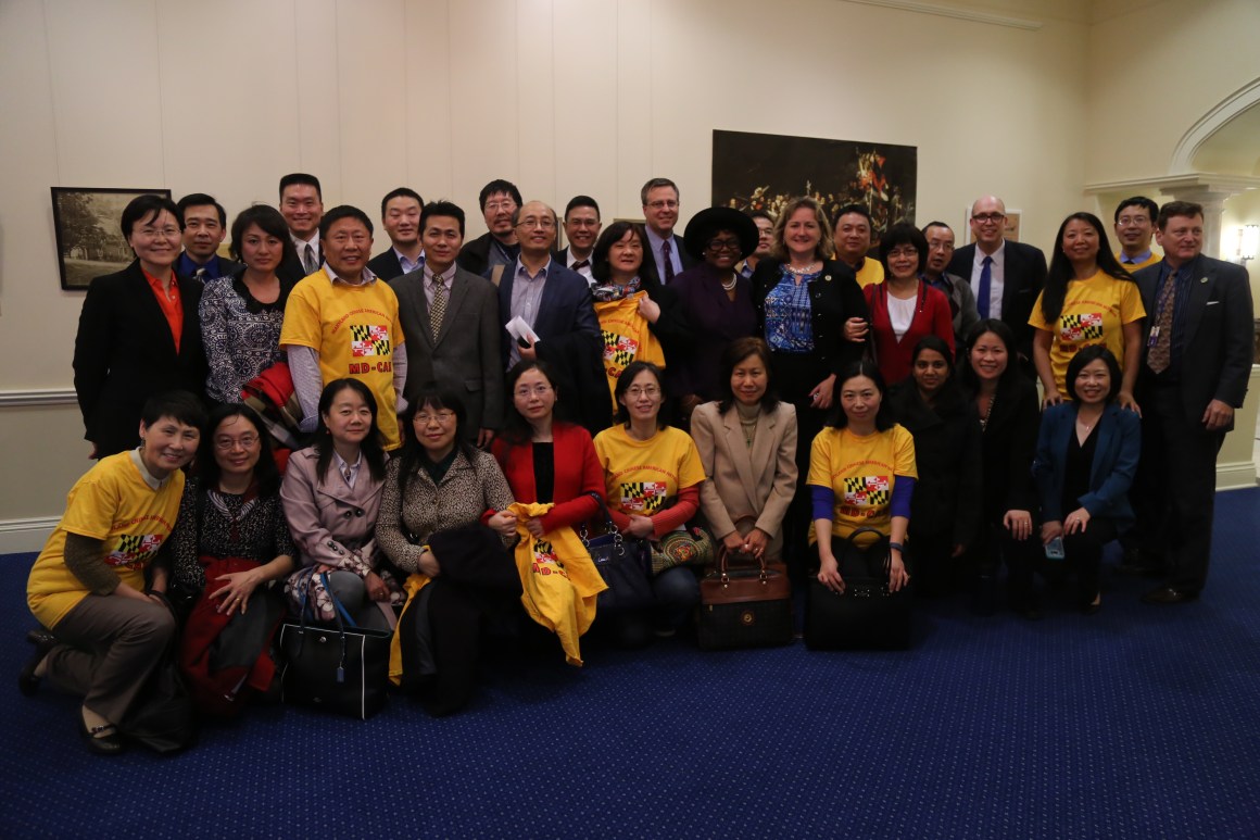 Members of the Maryland Chinese American Network pose with Republican state leadership after meeting to discuss both groups' opposition to sanctuary cities.