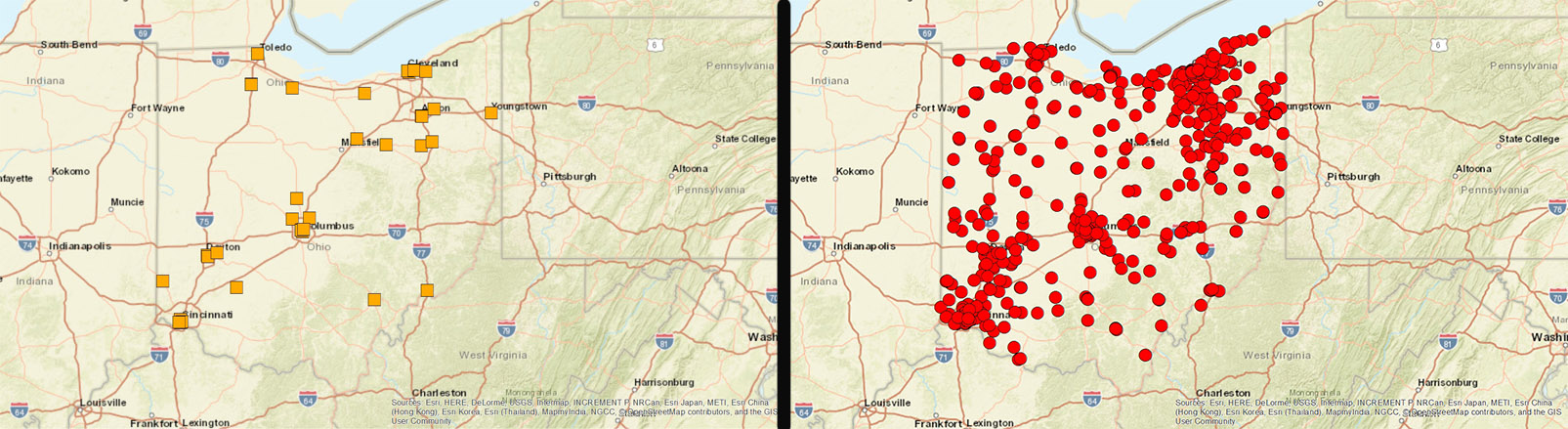 Maps from the preliminary round-up of U.S. archives in Ohio show the huge number of repositories not captured in the existing database.