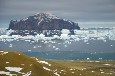 Ice retreats from the shore of Dundee Island, near the tip of the Antarctic Peninsula.