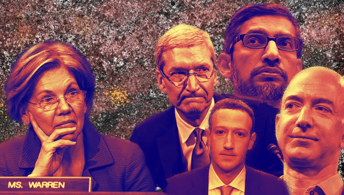 (Clockwise from left) Senator Elizabeth Warren, Tim Cook of Apple, Sundar Pichai of Google, Jeff Bezos of Amazon, and Mark Zuckerberg of Facebook.