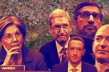 (Clockwise from left) Senator Elizabeth Warren, Tim Cook of Apple, Sundar Pichai of Google, Jeff Bezos of Amazon, and Mark Zuckerberg of Facebook.