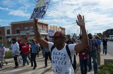 Black Lives Matter protesters demonstrate against police brutality in St. Paul, Minnesota.