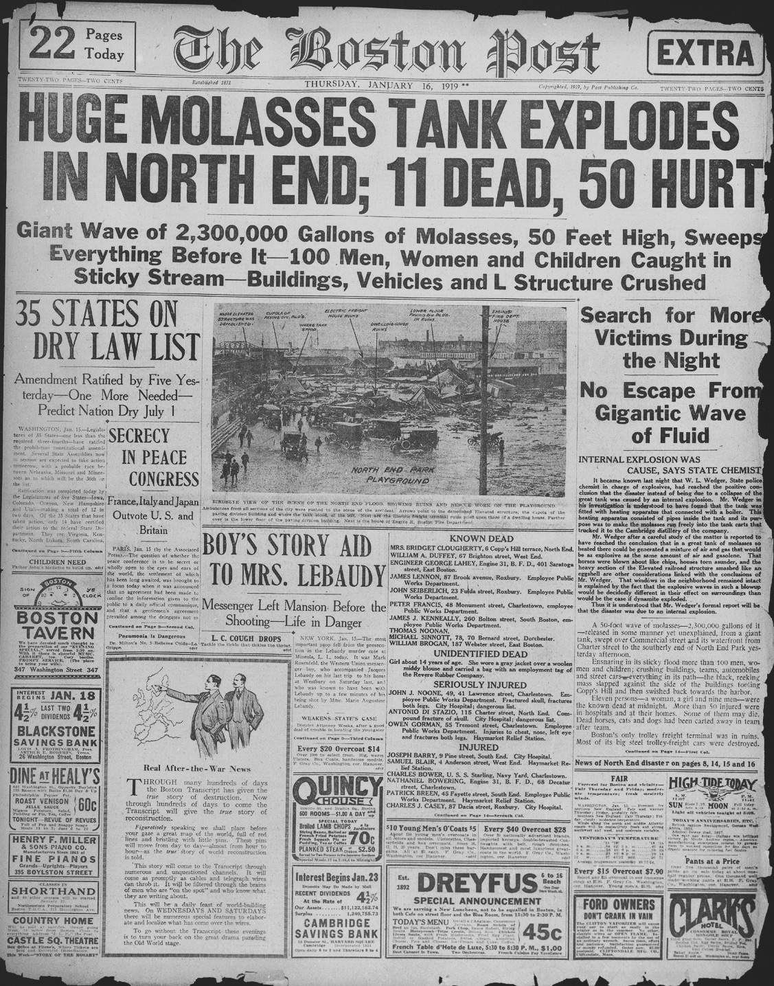 A report on the Molasses Disaster, appearing in the January 16th edition of the Boston Post.