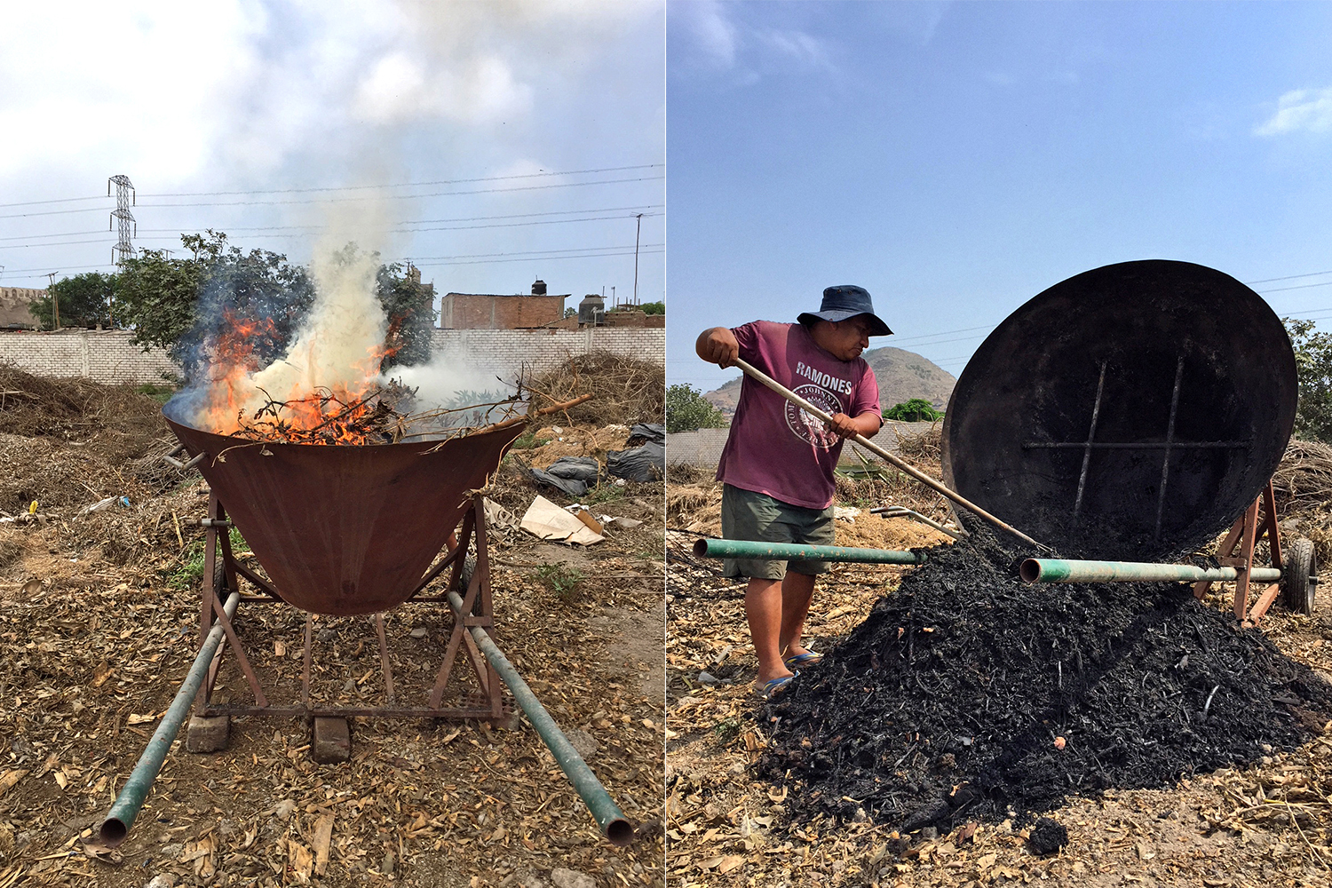 A steel Kon Tiki kiln making biochar behind Brenton Ladd's house.