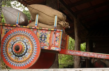 Costa Rican ox-cart loaded with coffee bags.