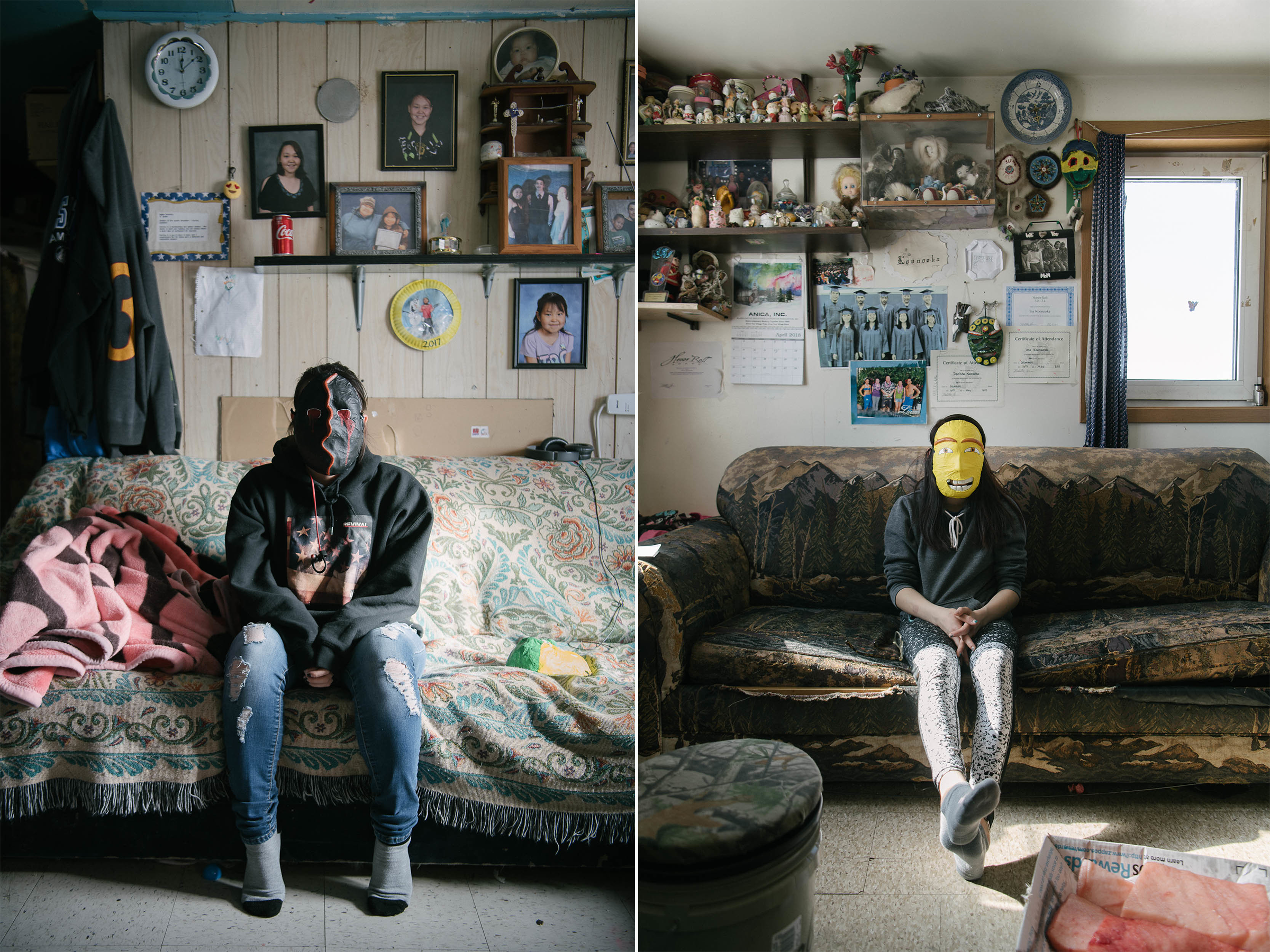 LA (left) reflects on family and loss at home in her mask of grief. Though her family has more than most, she is not insulated from the stream of deaths in the community; IK (right) feels a sense of relief when she is with her family. She wears her hope mask in the family home, where so many of her joyful memories come from.