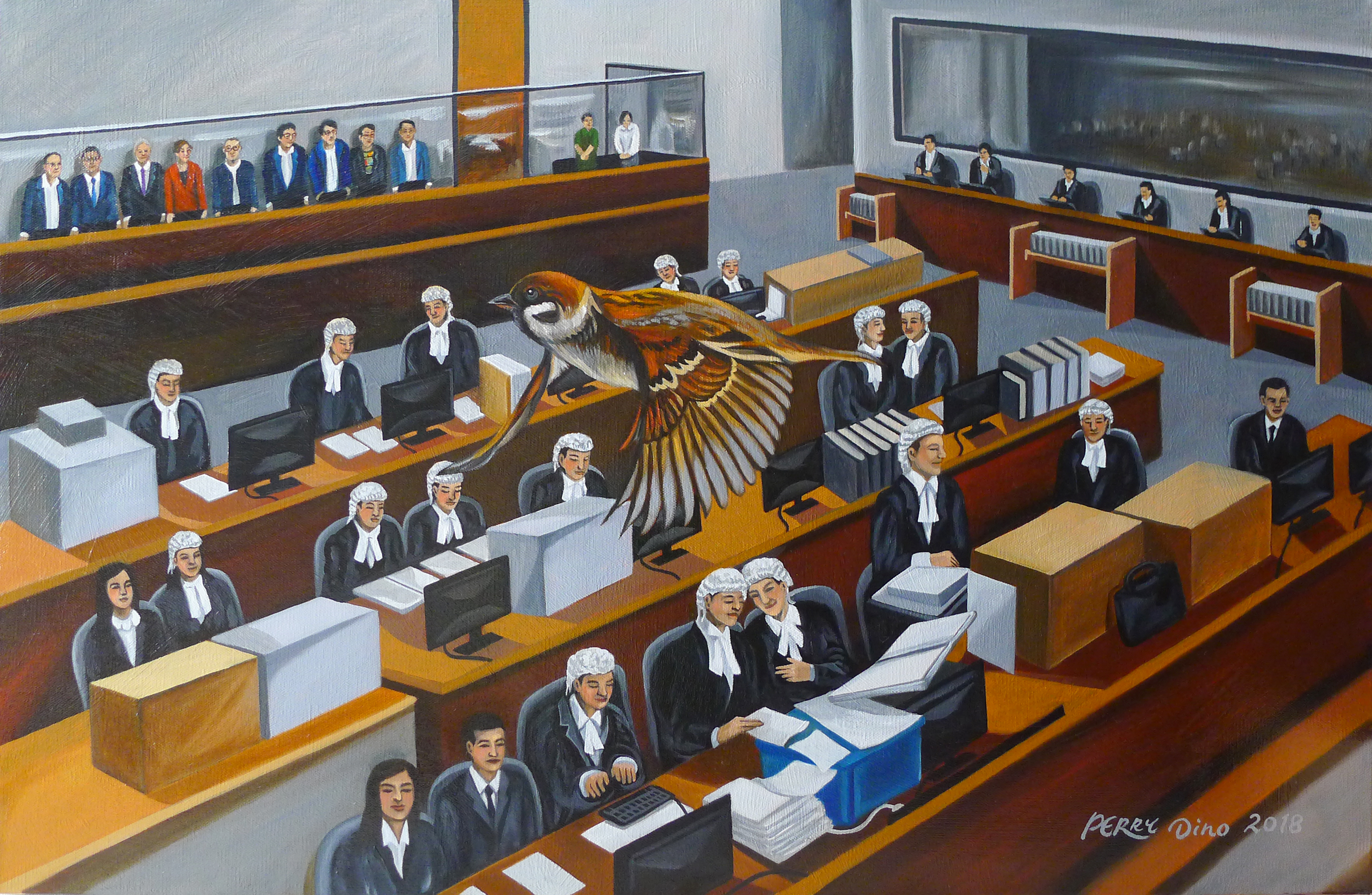 Nine Umbrella Movement activists in court #3, West Kowloon Law Courts Building, by Perry Dino; oil on canvas, November 19th-30th, 2018.