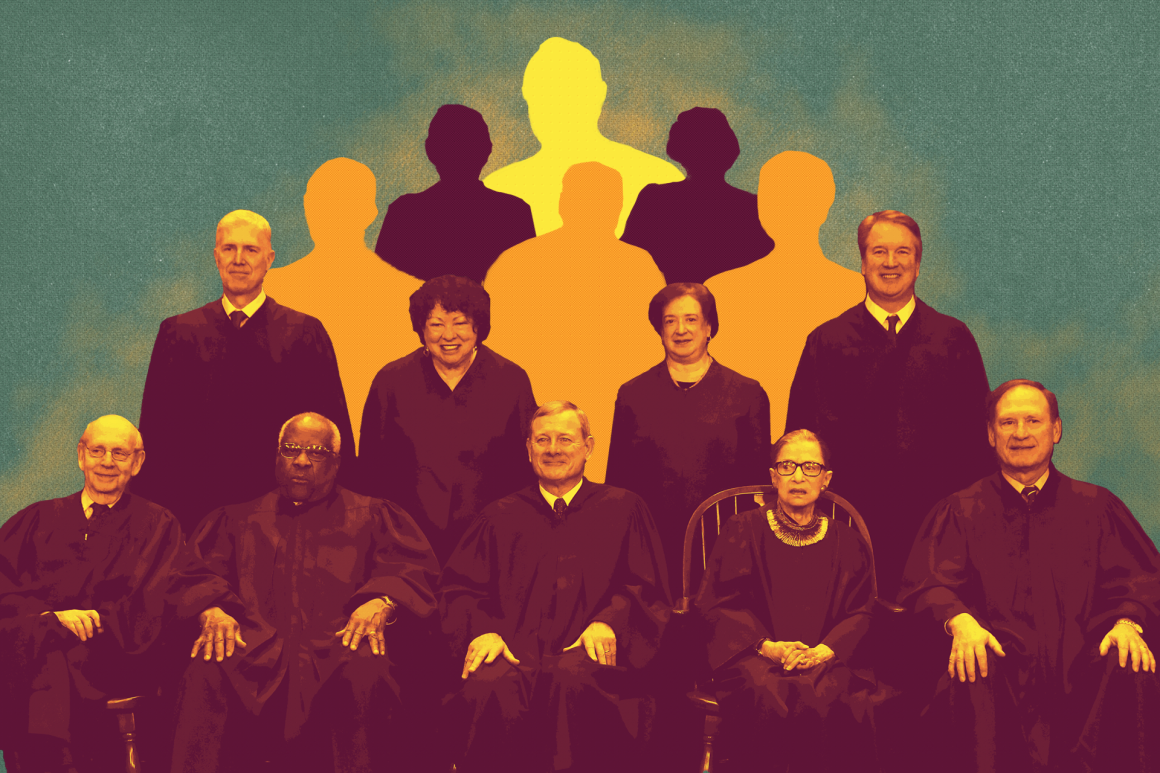 United States Supreme Court (front L-R) Associate Justice Stephen Breyer, Associate Justice Clarence Thomas, Chief Justice John Roberts, Associate Justice Ruth Bader Ginsburg, Associate Justice Samuel Alito, Jr., (back L-R) Associate Justice Neil Gorsuch, Associate Justice Sonia Sotomayor, Associate Justice Elena Kagan, and Associate Justice Brett Kavanaugh.