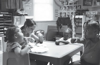 Diana and Ivette eat dinner with Kaden and Naima. Forty percent of American adults now work non-standard hours; the average American employee holds down one and a quarter jobs.