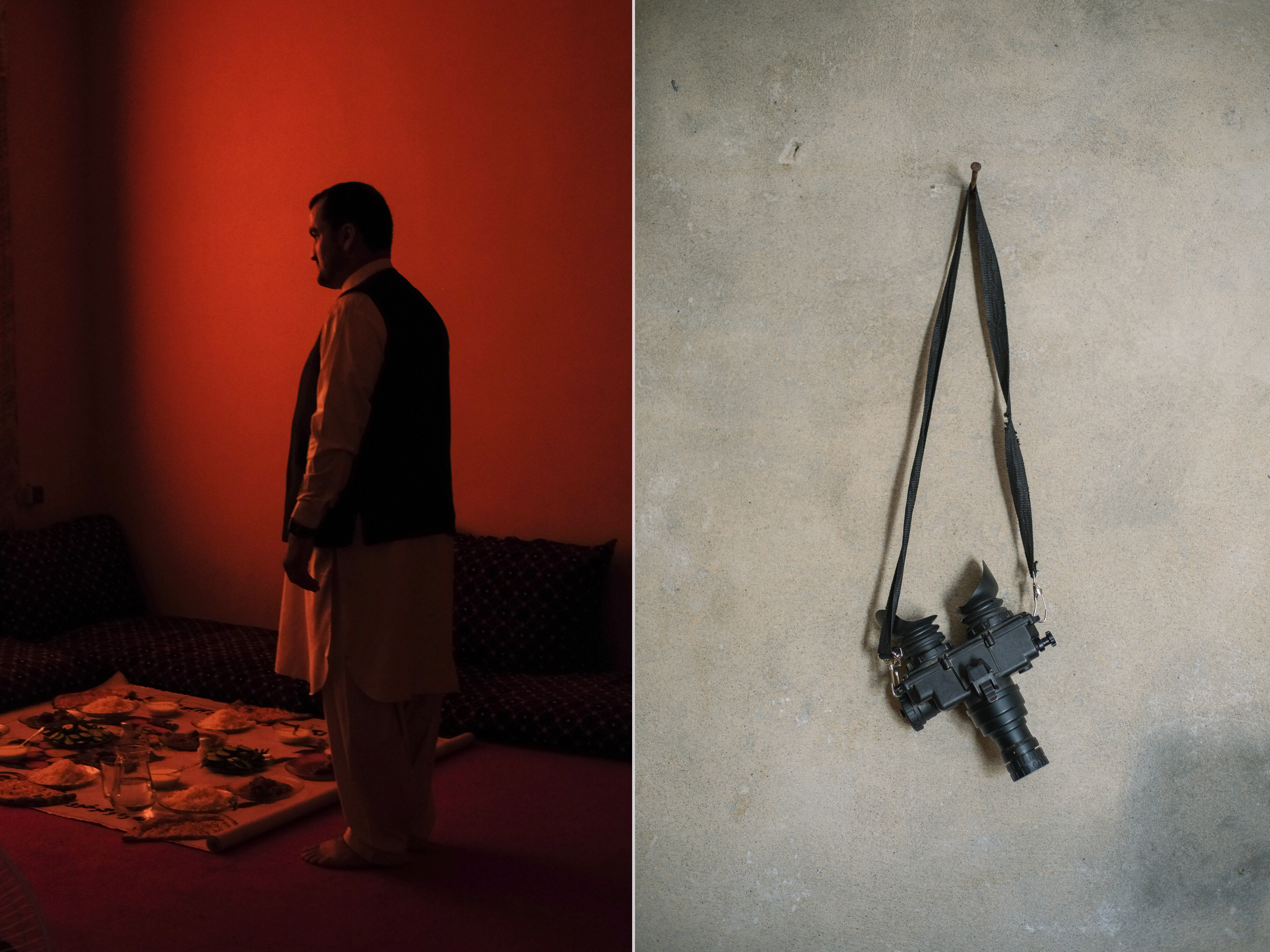 Left: A government official prepares to share lunch with the author and other journalists in Lashkar Gah. Right: A pair of night vision goggles, purchased by Major Rasouly, hang from a peg in his office at his brigade camp.