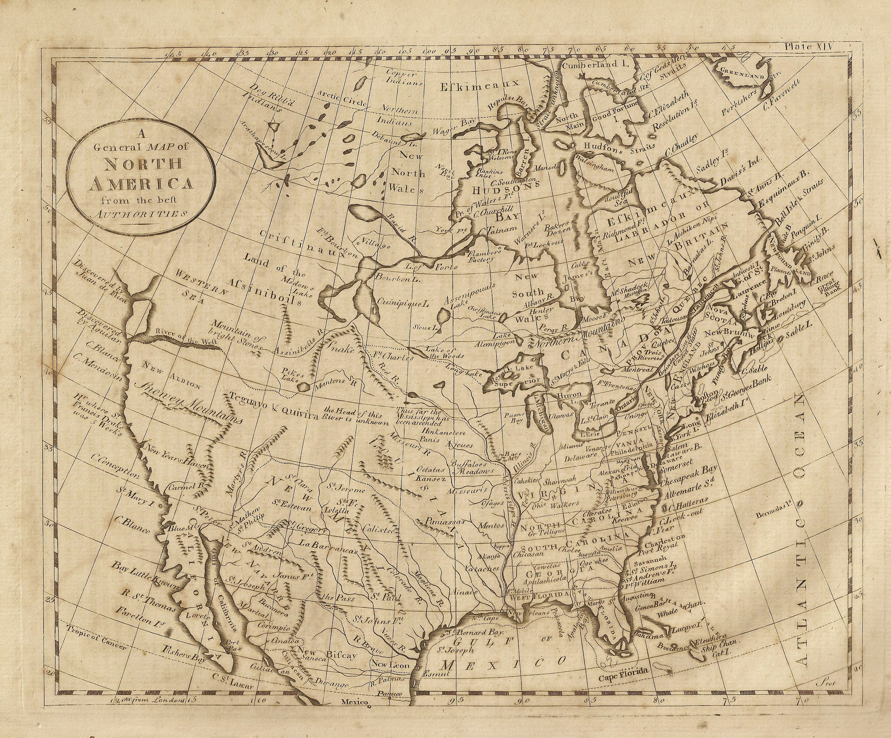 A map, dated 1789, of North America, showing California when it was part of New Spain.