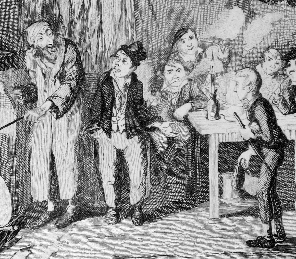 The Artful Dodger introduces Oliver to Fagin in this detail from an original George Cruikshank engraving for Charles Dickens' Oliver Twist, ca. 1839.