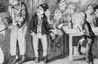 The Artful Dodger introduces Oliver to Fagin in this detail from an original George Cruikshank engraving for Charles Dickens' Oliver Twist, ca. 1839.