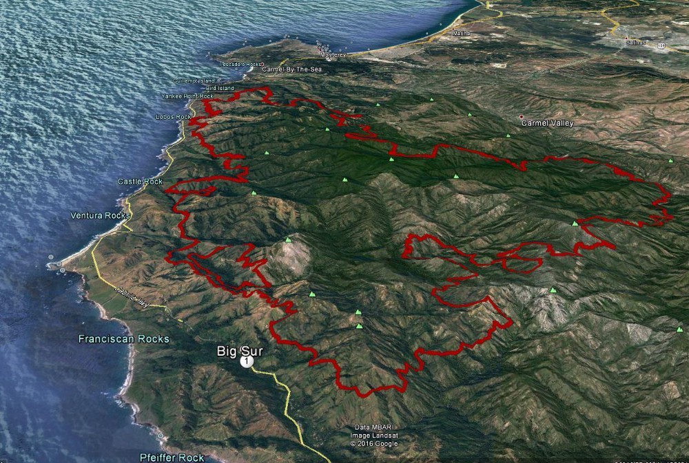 Illustration showing the California coast and the extent of the 2016 Soberanes fire