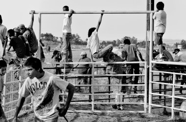 Crow Reservation, Montana: In Big Horn County, people watch a horse race during the 99th annual Crow Fair, one of the longest-running Native American gatherings in the United States.