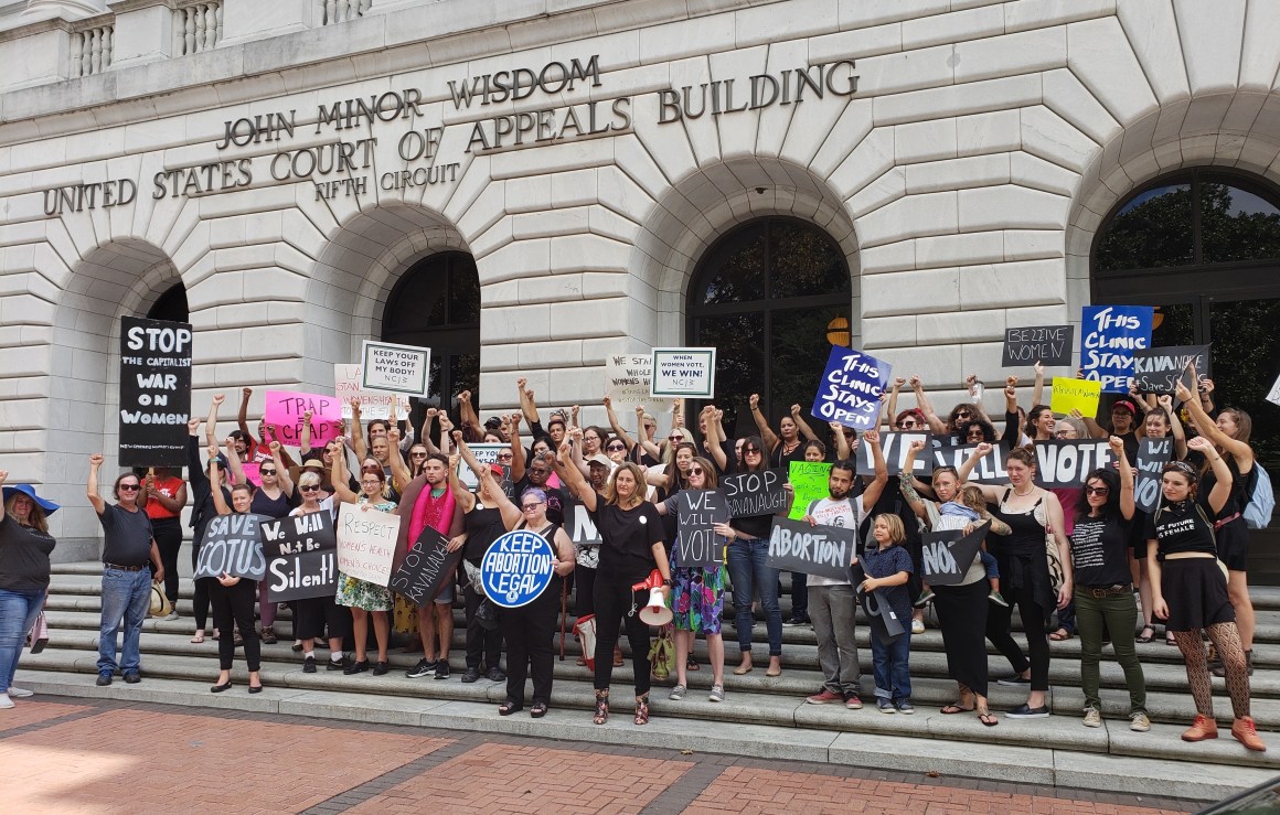 Protesters gathered at the Fifth Circuit Court of Appeals in New Orleans on October 5th, 2018, to denounce a decision that upheld a Louisiana law requiring abortion doctors to have admitting privileges at nearby hospitals. They also protested the nomination of Justice Brett Kavanaugh to the Supreme Court one day before he was sworn into office.