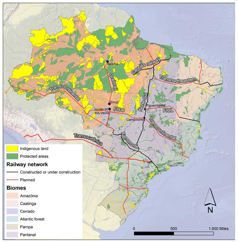 A map of major proposed and existing Brazilian railways, protected areas, indigenous lands, and biomes.