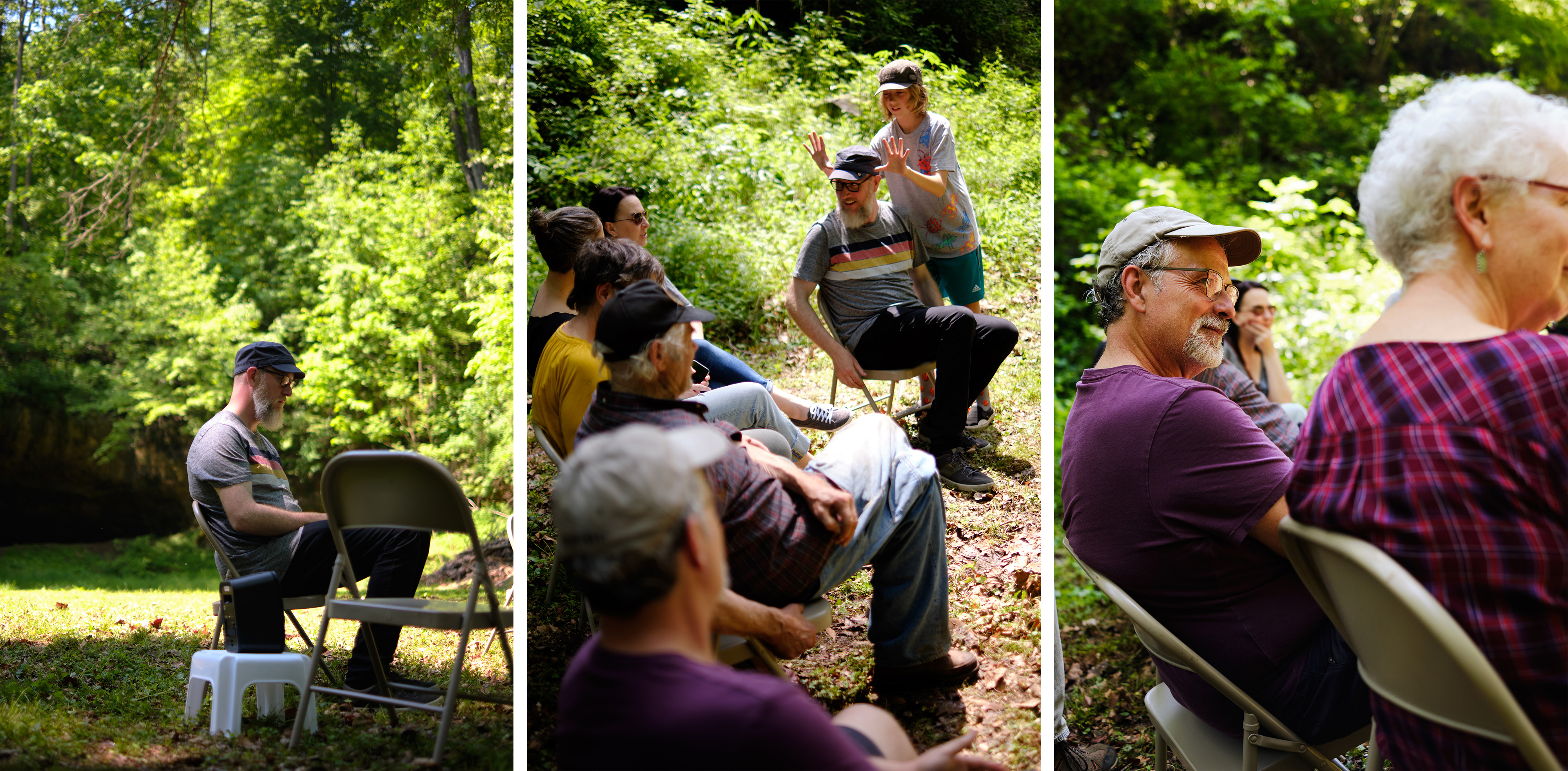 Left: Brian Harnetty during a Forest Listening Room at Robinson's Cave in Wayne National Forest in May. | Middle: Harnetty's son, Henry, goofs around during the discussion portion. | Right: Historian John Winnenberg: 