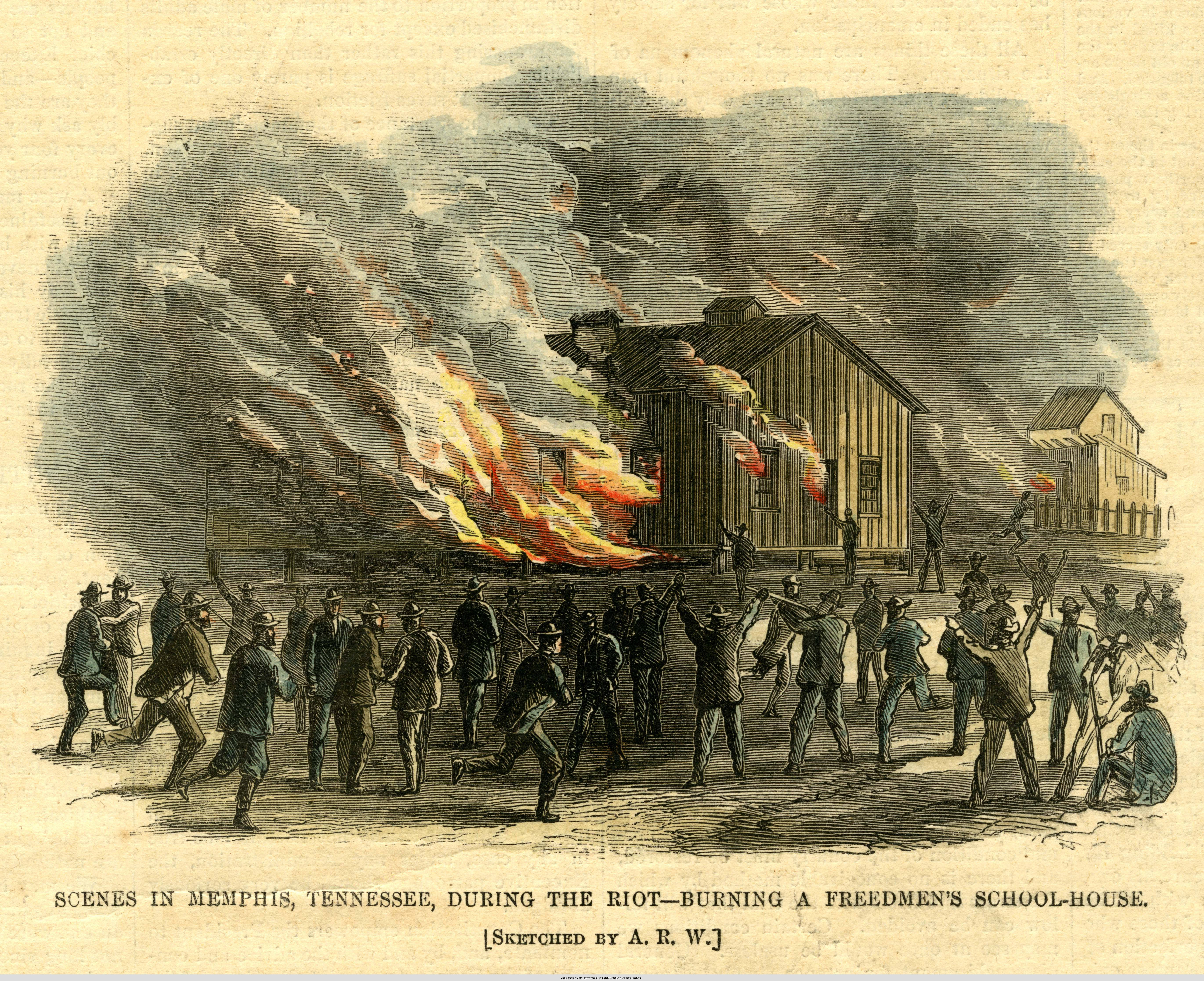 A Freedmen's Bureau schoolhouse is burned during the Memphis Massacre of 1866.