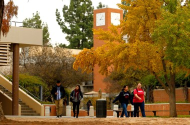 Students walk through campus at California State University–Fresno.