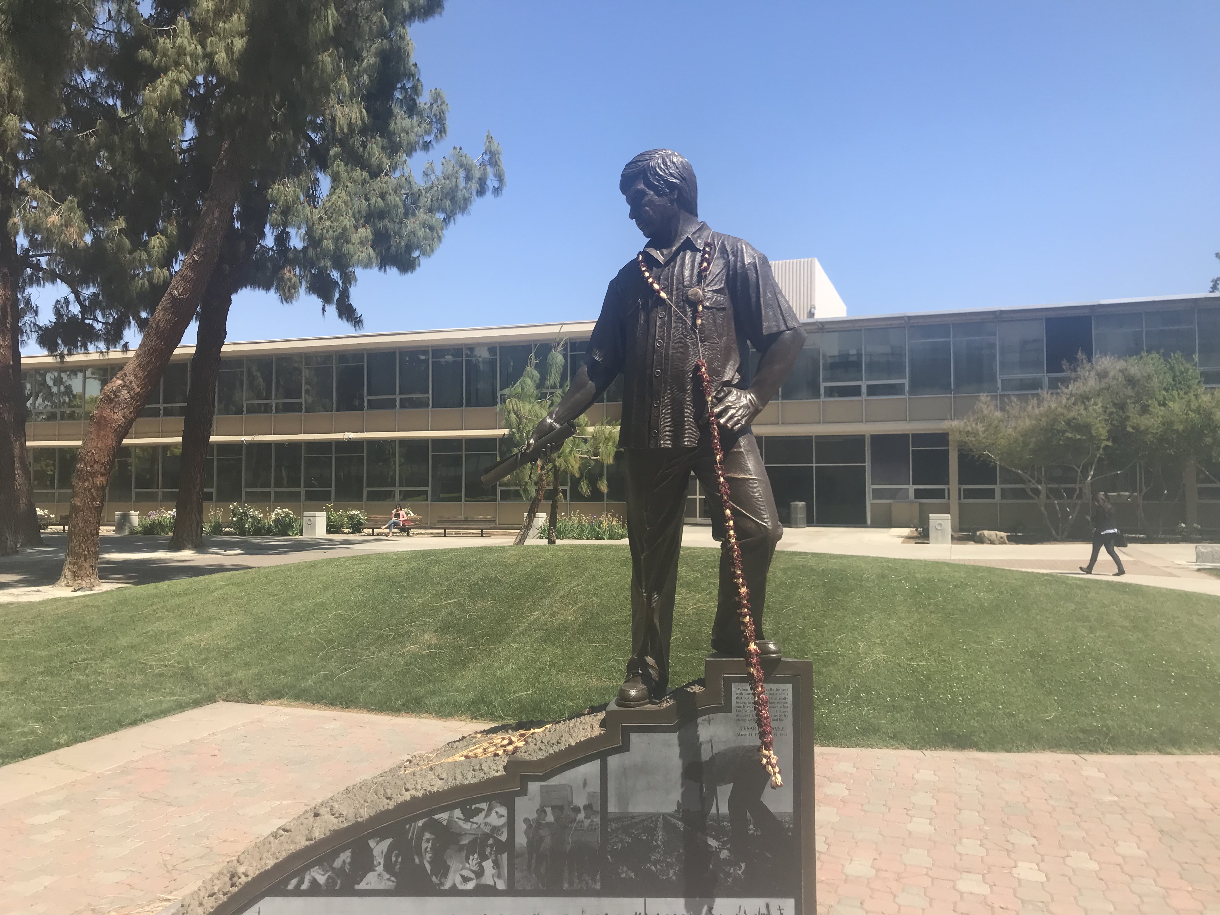 Cesar Chavez, who marched through Fresno in 1966 to advocate for farmworkers' rights, is remembered with a life-size statue on the Cal State–Fresno campus.