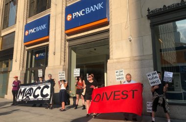 Protesters outside a PNC bank location.