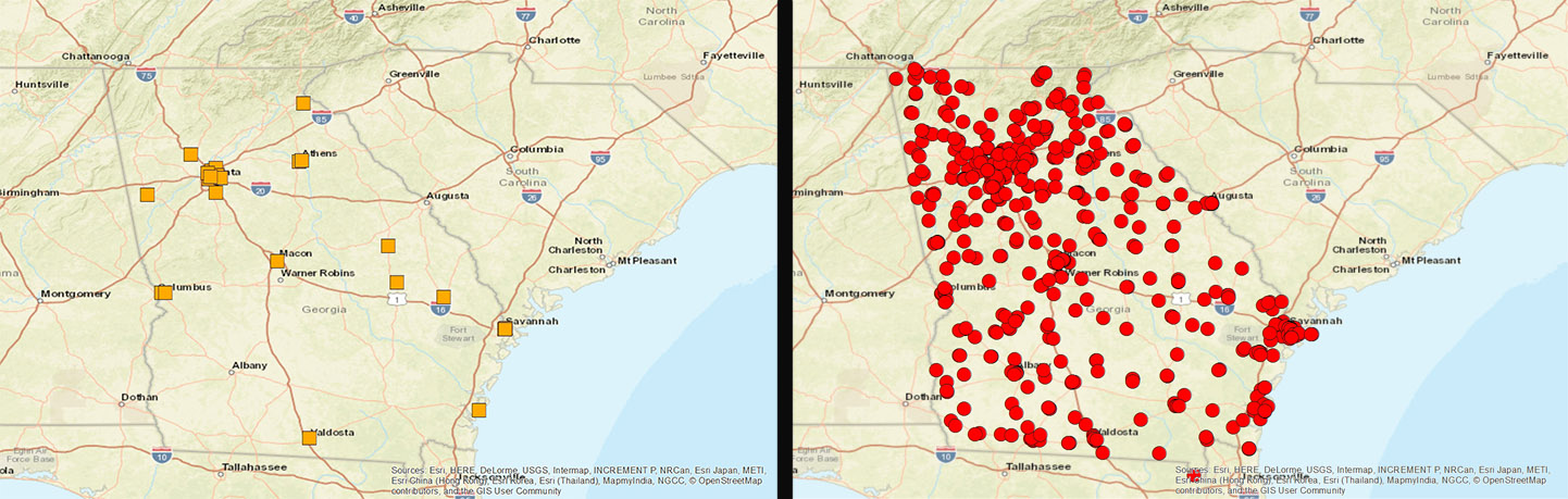 Maps from the preliminary round-up of U.S. archives in Georgia show the huge number of repositories not captured in the existing database.