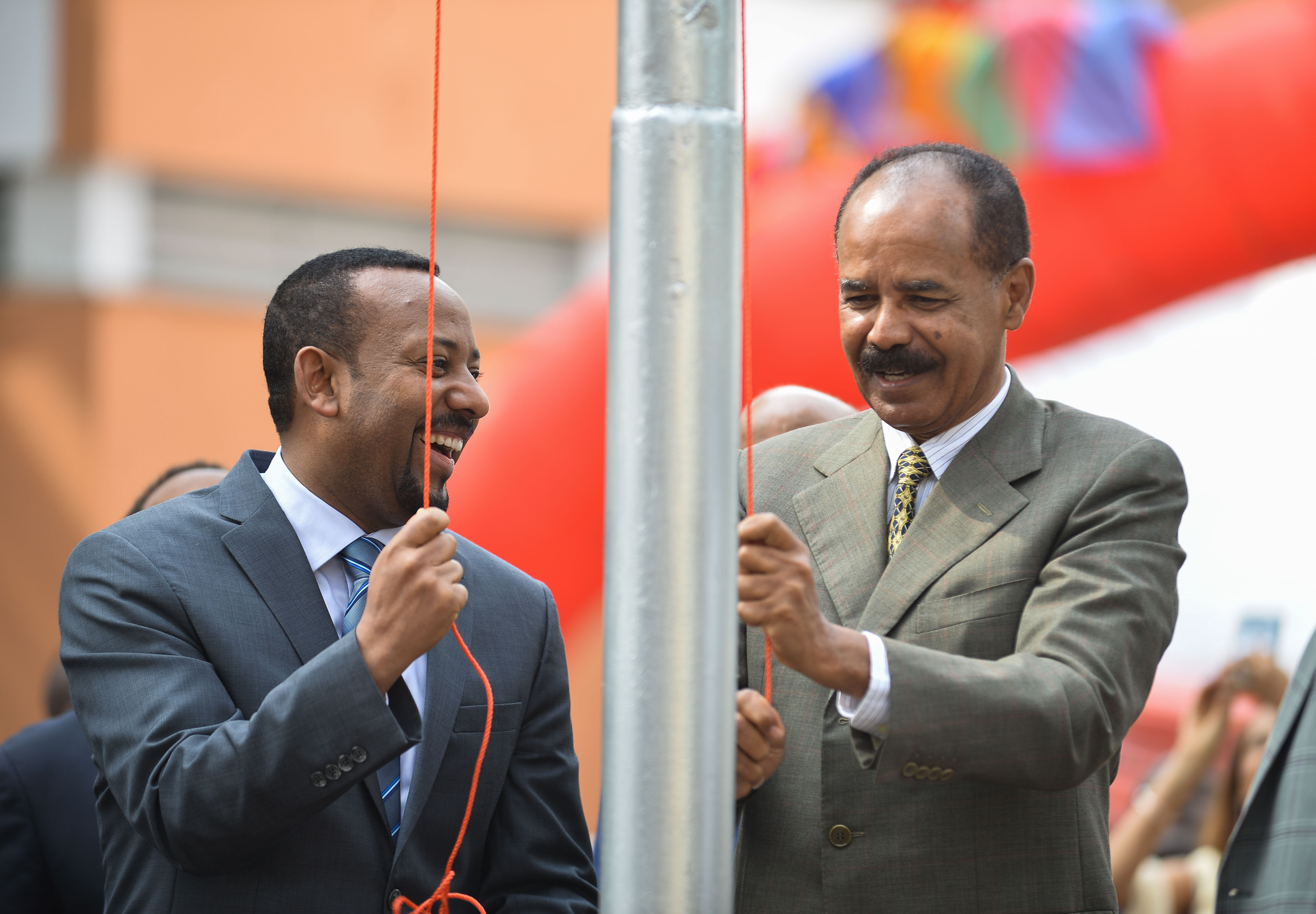 Ethiopian Prime Minister Abiy Ahmed and Eritrean President Isaias Afwerki celebrate the re-opening of the Eritrean embassy in Addis Ababa, Ethiopia, on July 16th, 2018.