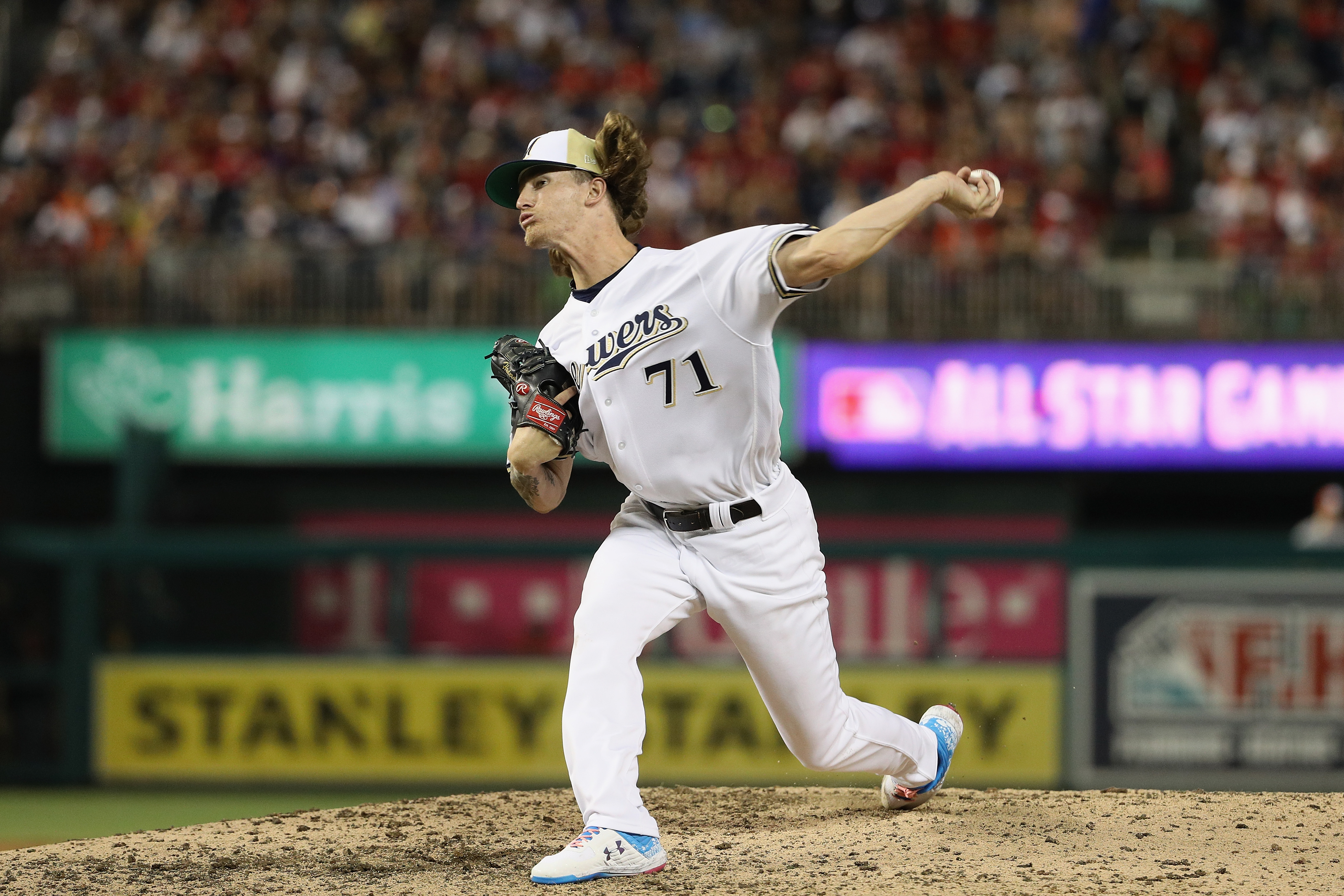 Josh Hader of the Milwaukee Brewers and the National League pitches in the eighth inning against the American League during the 89th MLB All-Star Game on July 17th, 2018, in Washington, D.C.