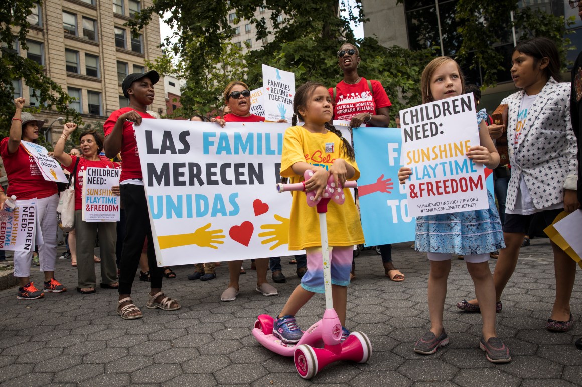 Activists, including childcare providers, parents, and their children, protest against the Trump administration's family detention and separation policies for migrants along the southern border, near the New York offices of U.S. Immigration and Customs Enforcement, on July 18th, 2018, in New York City.