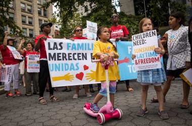 Activists, including childcare providers, parents, and their children, protest against the Trump administration's family detention and separation policies for migrants along the southern border, near the New York offices of U.S. Immigration and Customs Enforcement, on July 18th, 2018, in New York City.