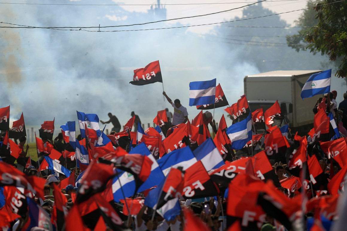 Supporters of Nicaraguan President Daniel Ortega take part in the 39th Anniversary of the Sandinista Revolution at "La Fe" square in Managua on July 19th, 2018.