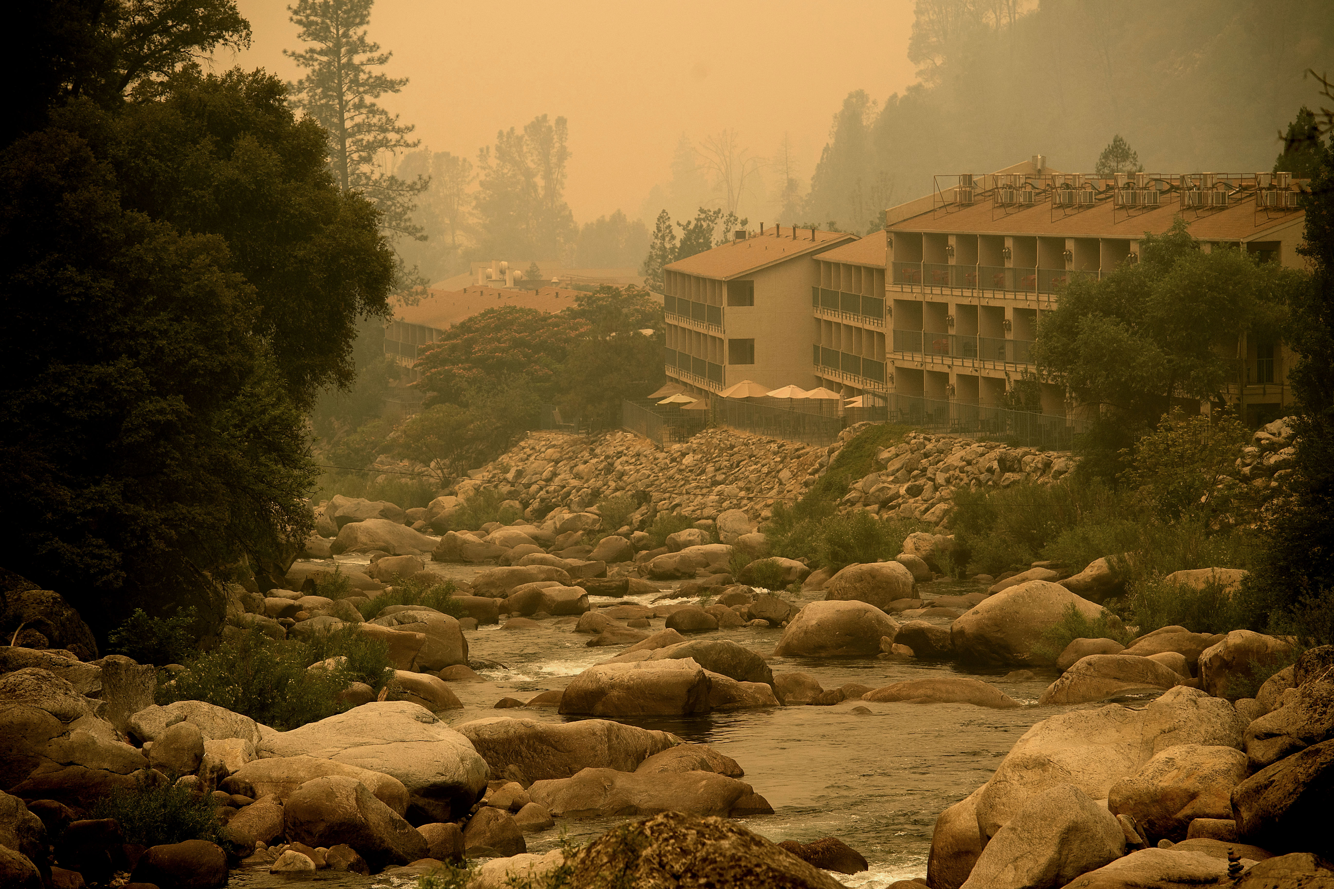 Smoke from the Ferguson fire hangs over the Yosemite View Lodge in El Portal, Yosemite National Park, California, on July 21st, 2018.