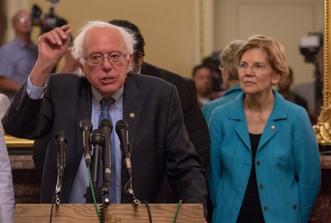 Senators Bernie Sanders and Elizabeth Warren protesting the nomination of Brett Kavanaugh to the Supreme Court, at a press conference on July 24th, 2018, in Washington, D.C.