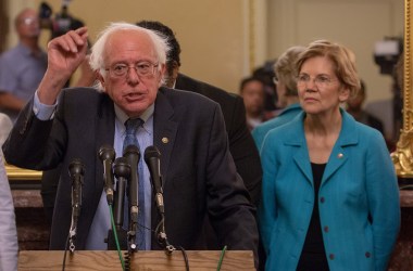 Senators Bernie Sanders and Elizabeth Warren protesting the nomination of Brett Kavanaugh to the Supreme Court, at a press conference on July 24th, 2018, in Washington, D.C.