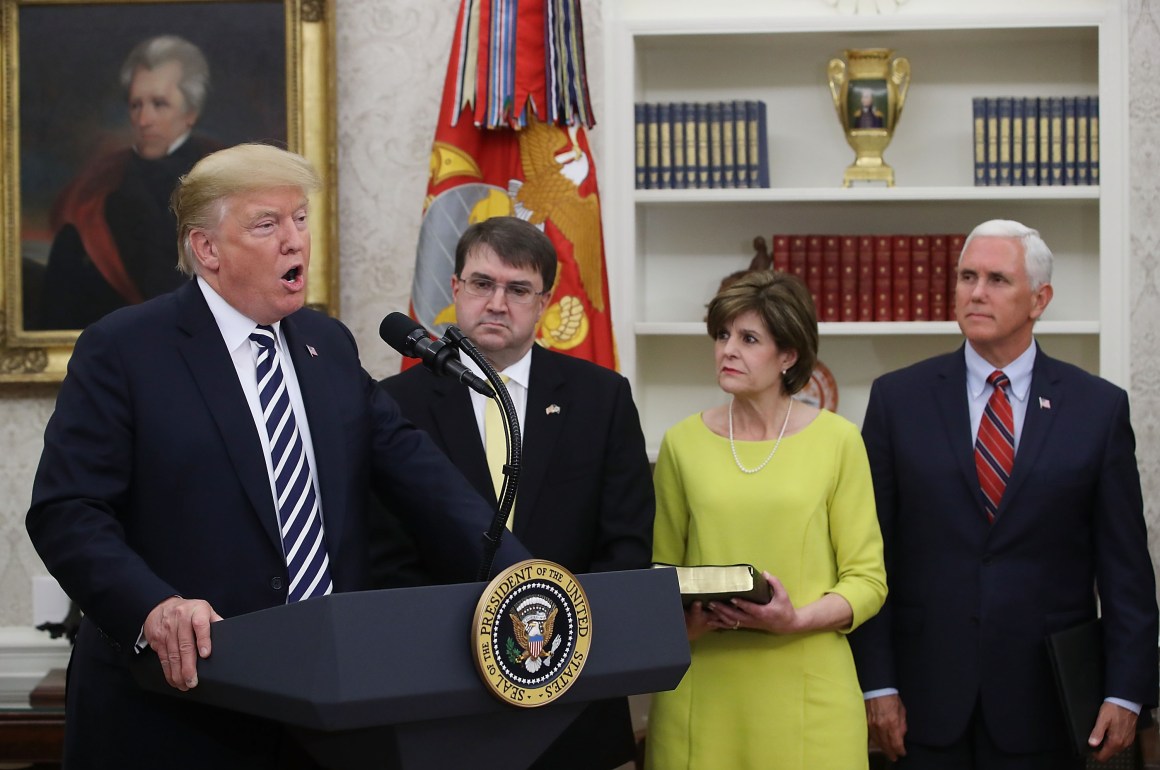 President Donald Trump speaks during a swearing-in ceremony for Robert Wilkie (R), to become secretary of the Department of Veterans Affairs.