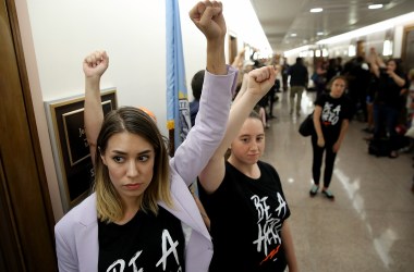 Protesters opposed to the nomination of Supreme Court nominee Judge Brett Kavanaugh gather outside the office of Senator John Thune (R-South Dakota) prior to a scheduled meeting between Thune and Kavanaugh on Capitol Hill on August 1st, 2018, in Washington, D.C.