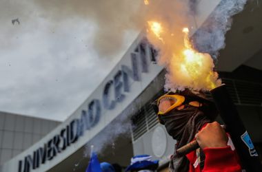 A student fires a homemade mortar during a protest in which students from different universities from across Nicaragua gathered to demand President Daniel Ortega and his powerful vice president, wife Rosario Murillo, resign, and for government to keep the 6 percent budget for universities, in Managua, on August 2nd, 2018.