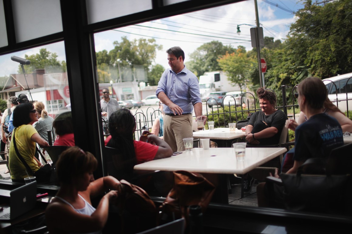 Ohio Democratic congressional candidate Danny O'Connor visits the Cup O Joe coffeehouse to thank voters and campaign volunteers and speak to reporters following a special election on August 8th, 2018, in Columbus, Ohio.