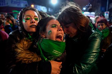 Abortion rights activists comfort each other outside the National Congress in Buenos Aires, Argentina, on August 9th, 2018, after senators rejected a bill that would have legalized abortion. Argentine senators voted against the bill on Thursday, dashing the hopes of women's rights groups after the bill was approved by Congress' lower house in June.